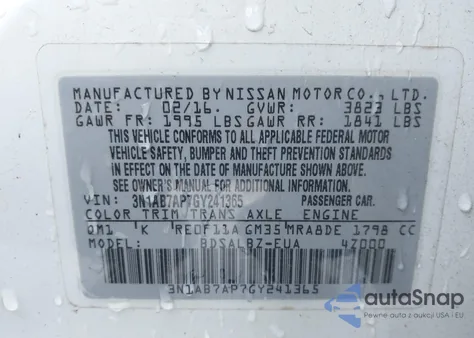 2016 Nissan Sentra S from USA, damaged, VIN 3N1AB7AP7GY241365